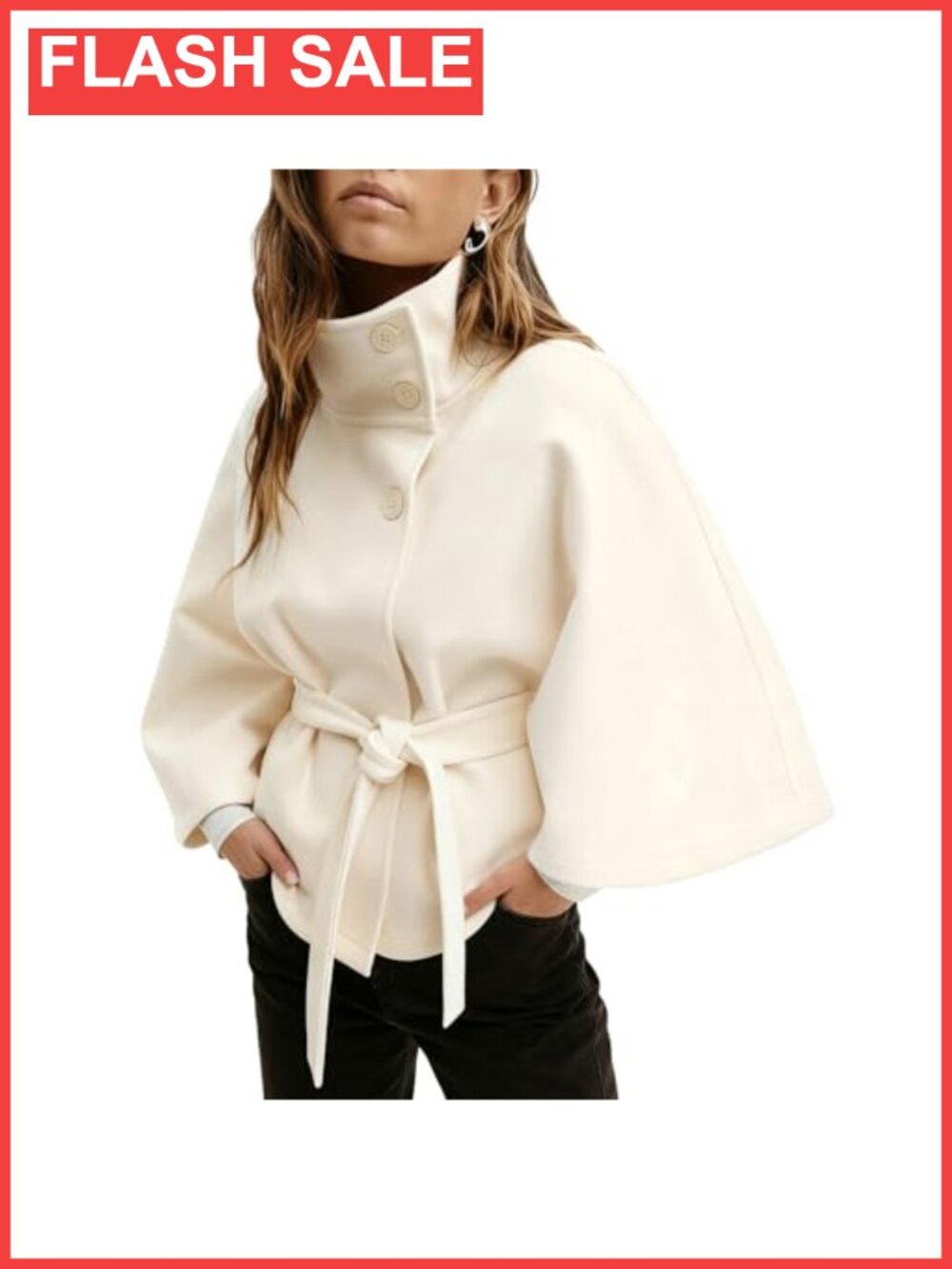 Batwing Sleeve Poncho Pea Coat Funnel Neck Belted Cape Fall Outerwear